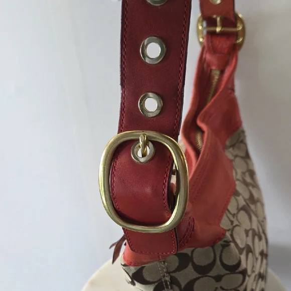 Coach Monogram Canvas Shoulder Bag with Red Leather Trim Vintage - Picture 7 of 13